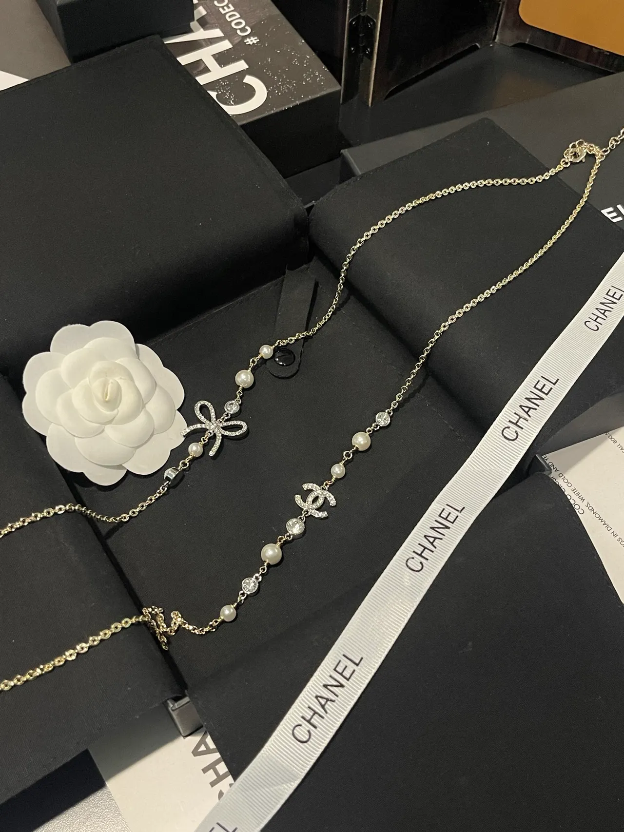 Chanel Gold White Layered Pearl-and-Crystal Necklace 10