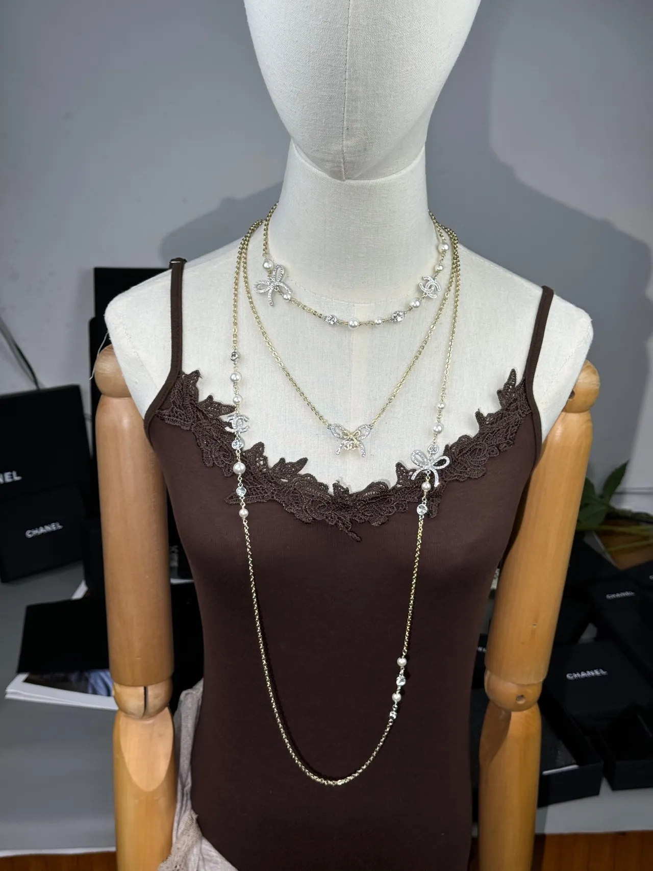 Chanel Gold White Layered Pearl-and-Crystal Necklace 12