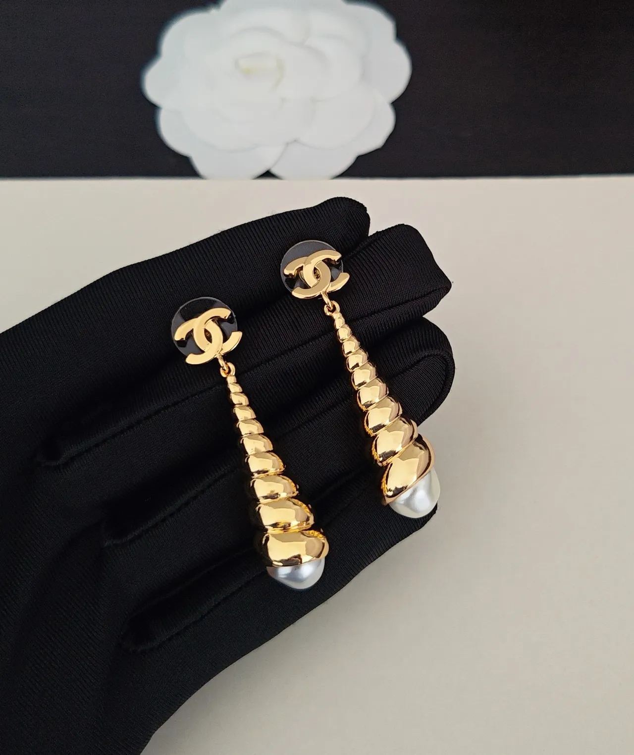 Chanel Gold White Spiral Cone Drop Pearl Terminal Earrings 2