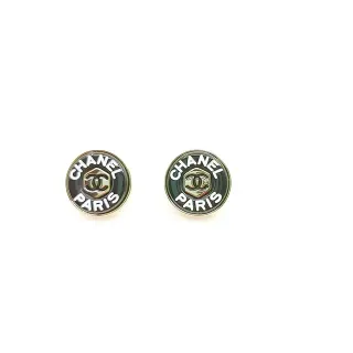 أقراط Chanel Logo Stud أसود فضي دائري وجه إيمل