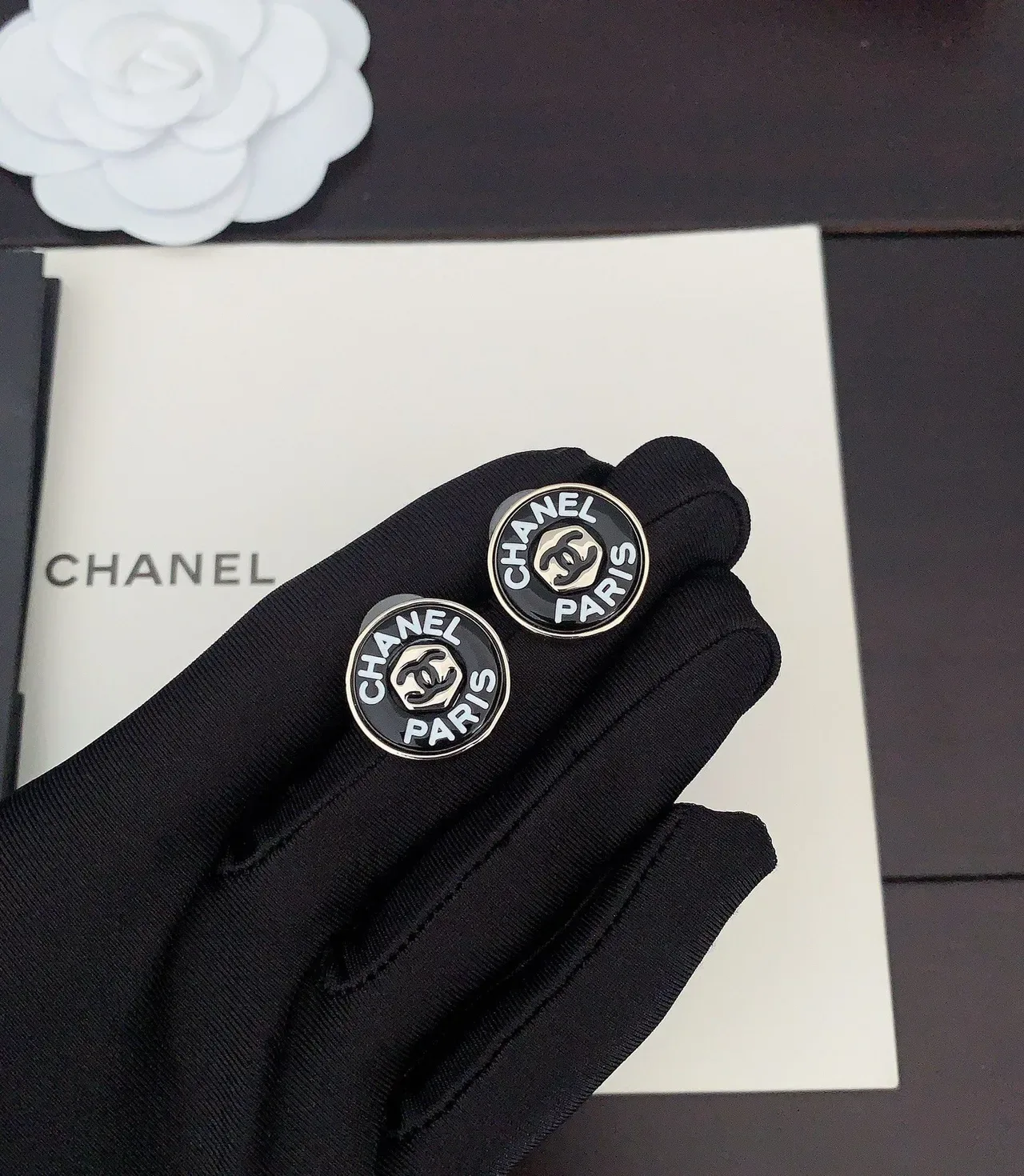 Chanel Logo Stud Black Silver Circular Enamel Face Earrings 4