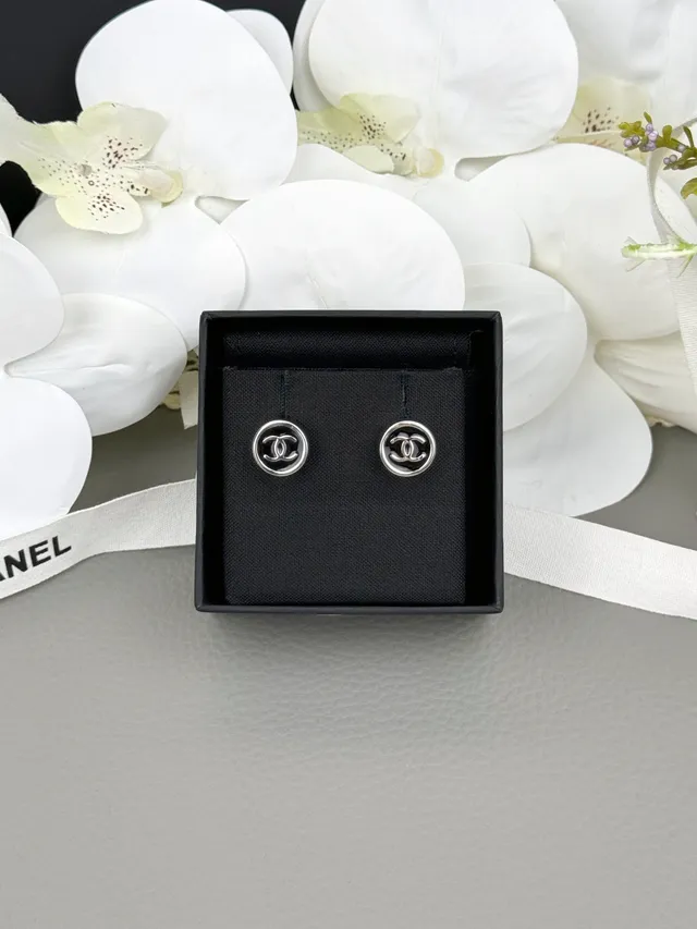 Chanel Logo Stud Black Silver Circular Enamel Face Earrings 9