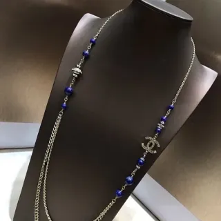 Chanel قلادة طويلة خرز أزرق فضي سلسلة متعددة الطبقات Lapis Lazuli
