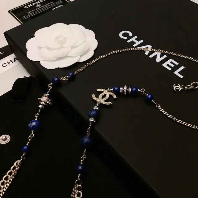 Chanel Colar longo de contas azul prata corrente multicamadas Lapis Lazuli 3