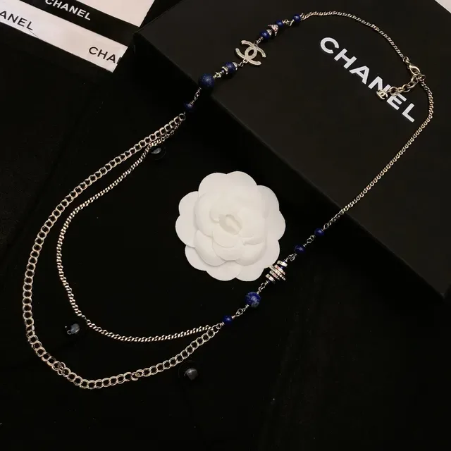 Chanel Colar longo de contas azul prata corrente multicamadas Lapis Lazuli 4