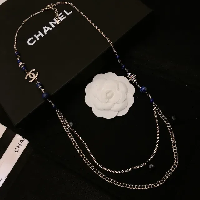 Chanel Colar longo de contas azul prata corrente multicamadas Lapis Lazuli 5
