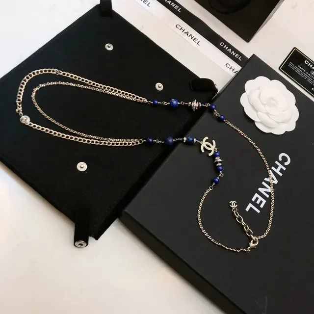 Chanel Colar longo de contas azul prata corrente multicamadas Lapis Lazuli 6