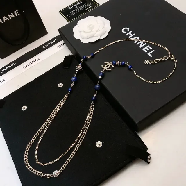 Chanel Colar longo de contas azul prata corrente multicamadas Lapis Lazuli 7