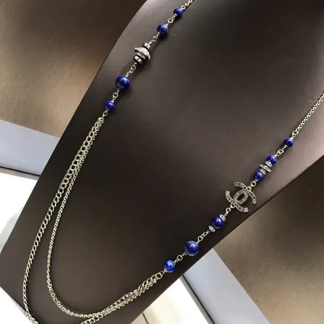 Chanel Colar longo de contas azul prata corrente multicamadas Lapis Lazuli 8