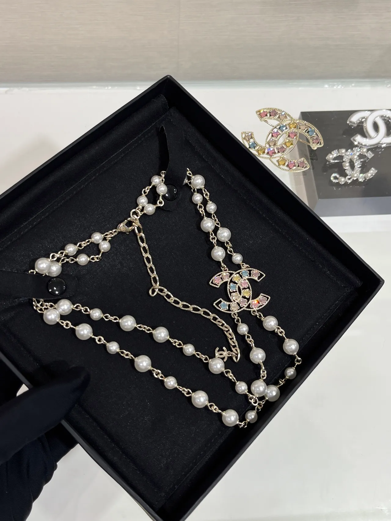 Chanel Pearl and Chain Crystal CC Pendant Necklace 6