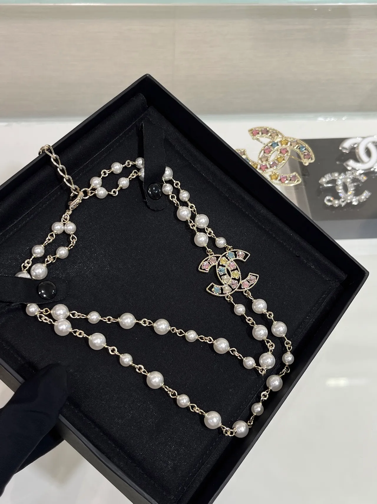 Chanel Pearl and Chain Crystal CC Pendant Necklace 7