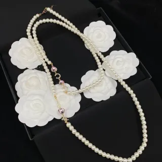 Chanel لؤلؤ كاميليا سلسلة مزدوجة قلادة