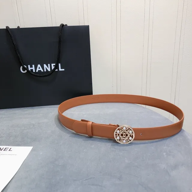 Chanel Pearl CC Buckle Tan Leather Belt 2