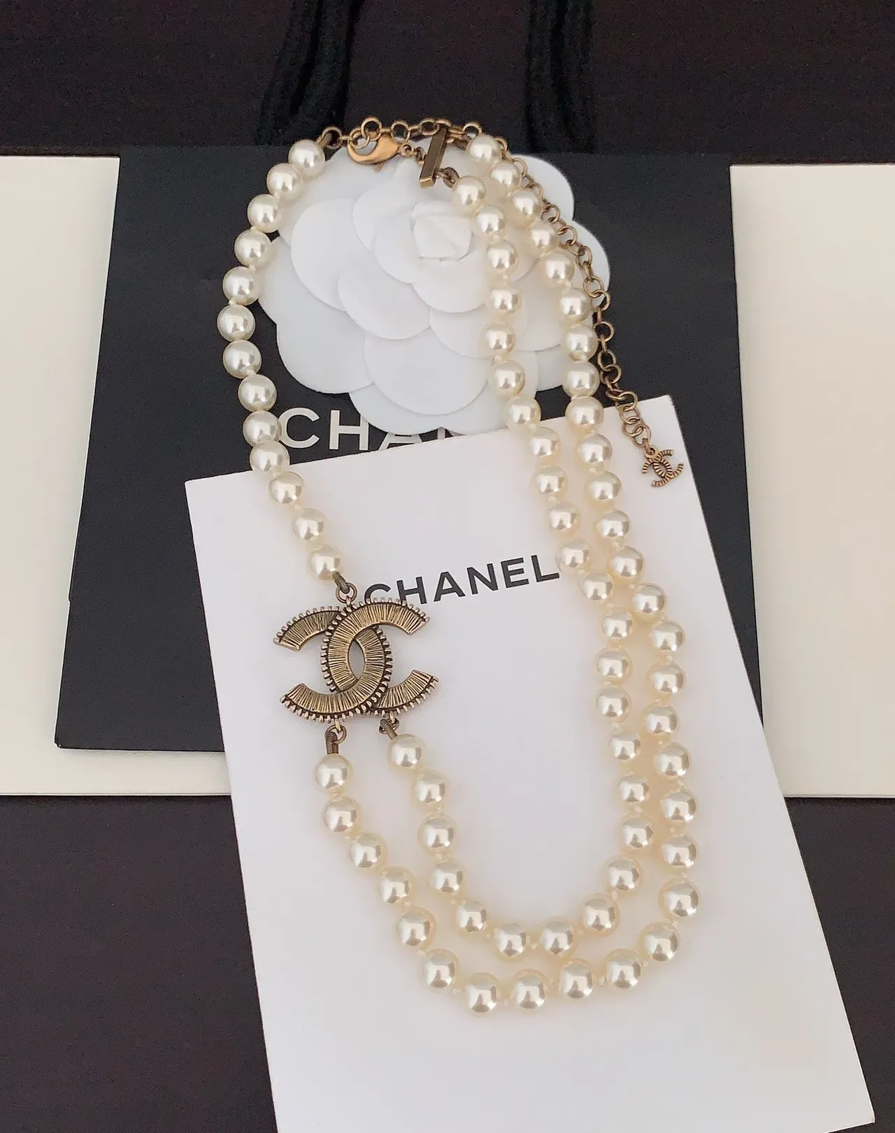 Chanel Pérola Corrente Dupla CC Logo Colar 2