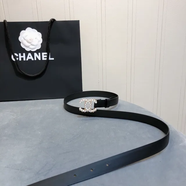 Chanel Pearl-Embellished CC Belt Black White Crystal-Accented Leather Belt 2