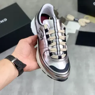 Chanel Silver Black Metallic Leather Striped Lacing Lifestyle Sneakers — Chanel catalogue photo from WWTop Yupoo