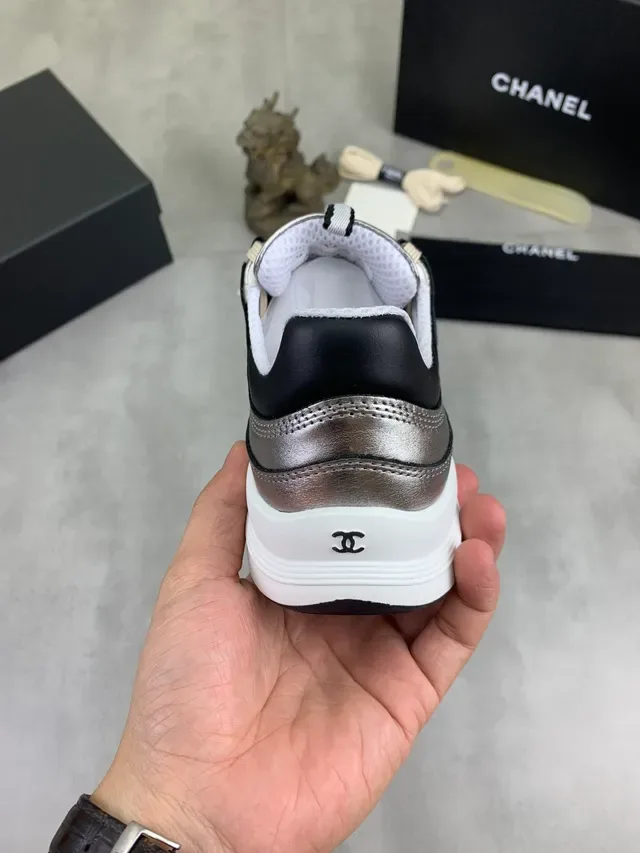 Chanel Silver Black Metallic Leather Striped Lacing Lifestyle Sneakers 3