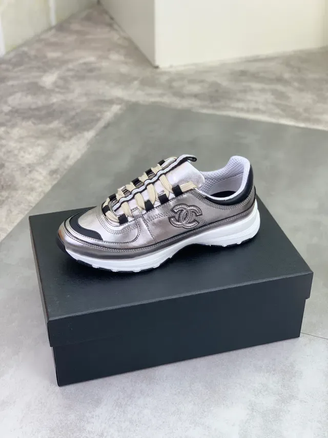 Chanel Silver Black Metallic Leather Striped Lacing Lifestyle Sneakers 4