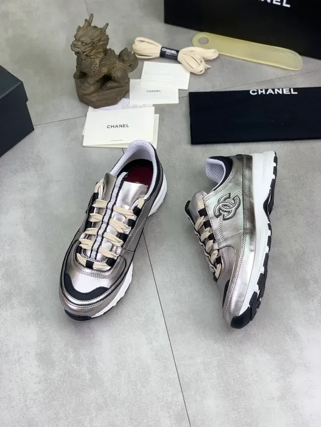 Chanel Silver Black Metallic Leather Striped Lacing Lifestyle Sneakers 5
