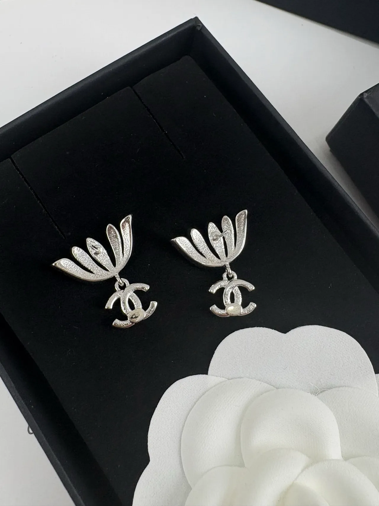 Chanel Silver Pavé-Crystal Fan Motif Dangling Interlocking CC Logo Earrings 3