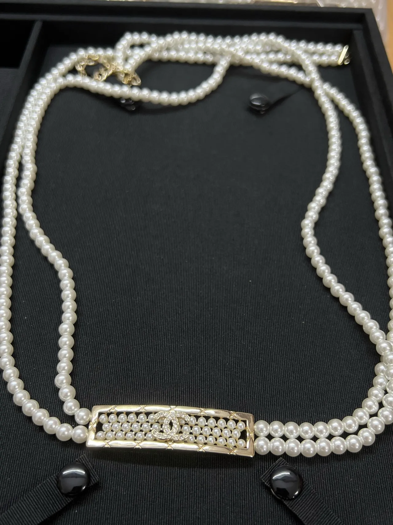 Chanel White Black Double-Strand Pearl Quilted Metal Clasp Necklace 5