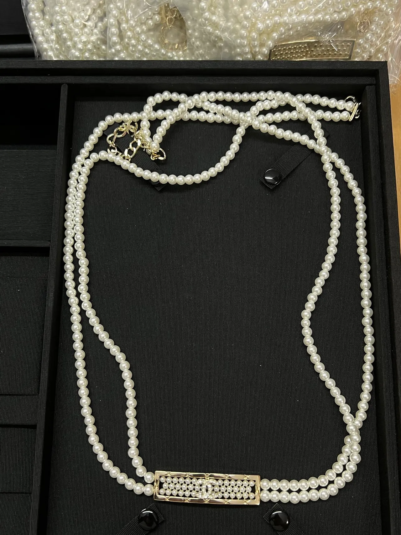 Chanel White Black Double-Strand Pearl Quilted Metal Clasp Necklace 6