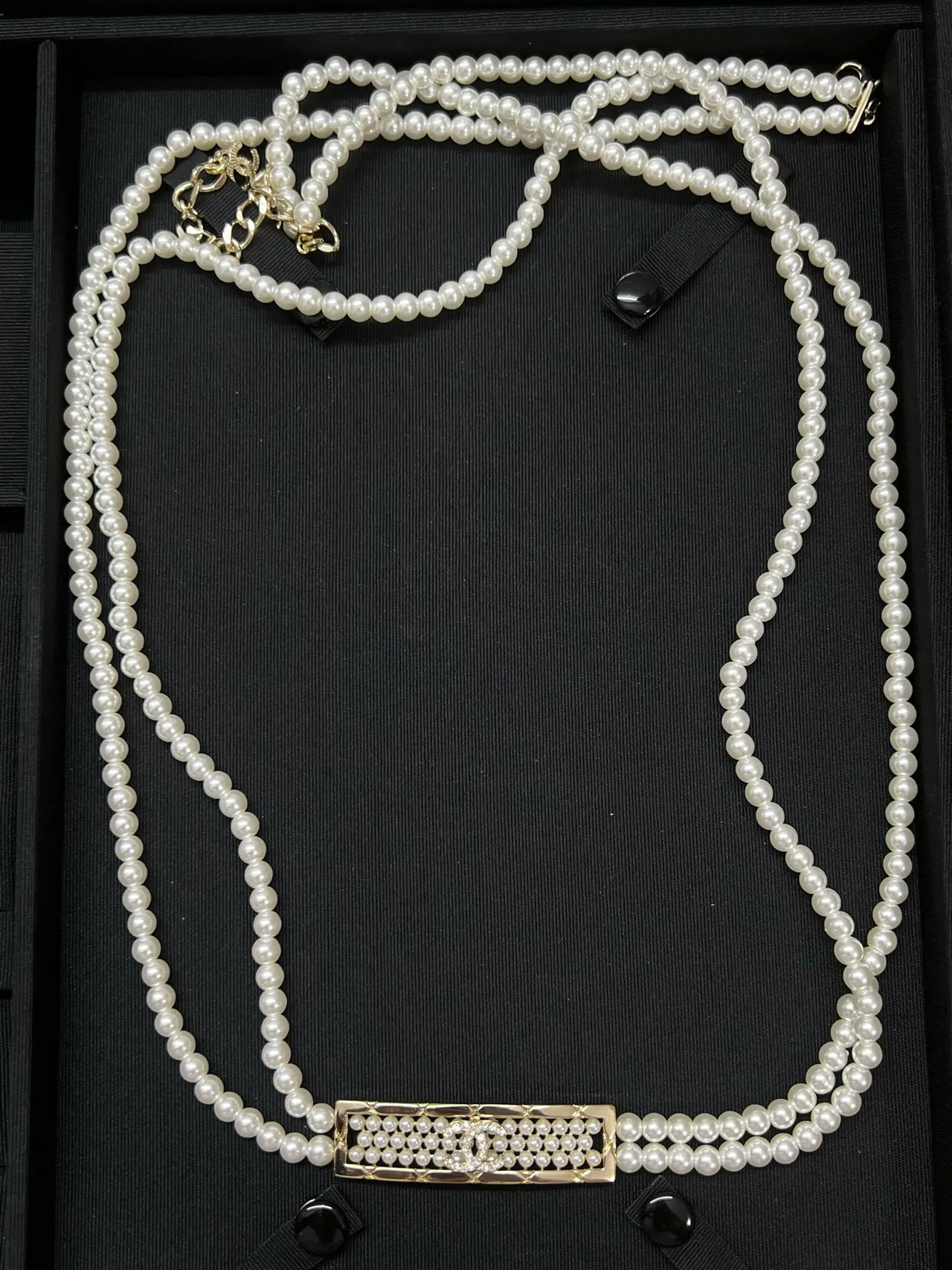 Chanel White Black Double-Strand Pearl Quilted Metal Clasp Necklace 7