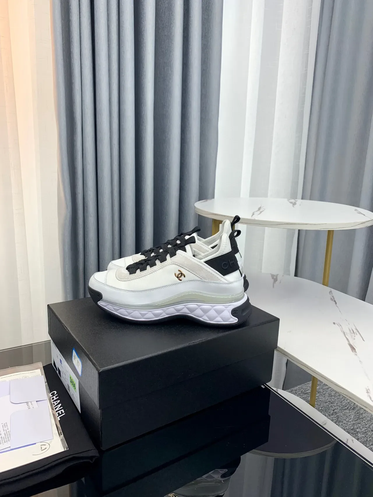 Chanel blanco negro acolchado mediasuela transparente verde banda de amortiguación zapatillas lifestyle 7