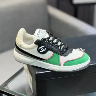 Chanel White Green Color-Blocked Suede-and-Mesh Upper Lifestyle Sneakers