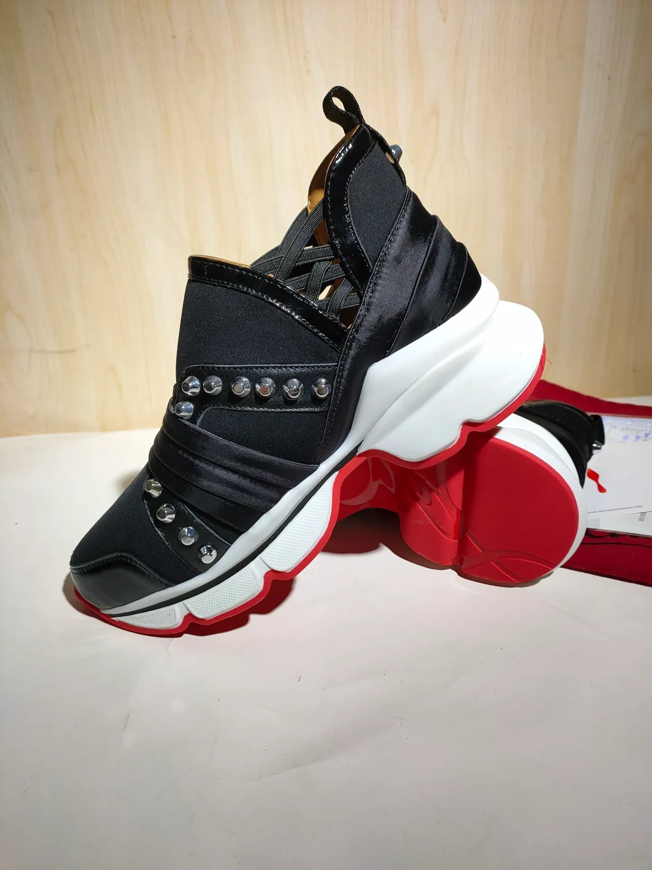 Christian Louboutin Black Red Multi-Strap Upper Rivet Embellishment Chunky Sneakers 2