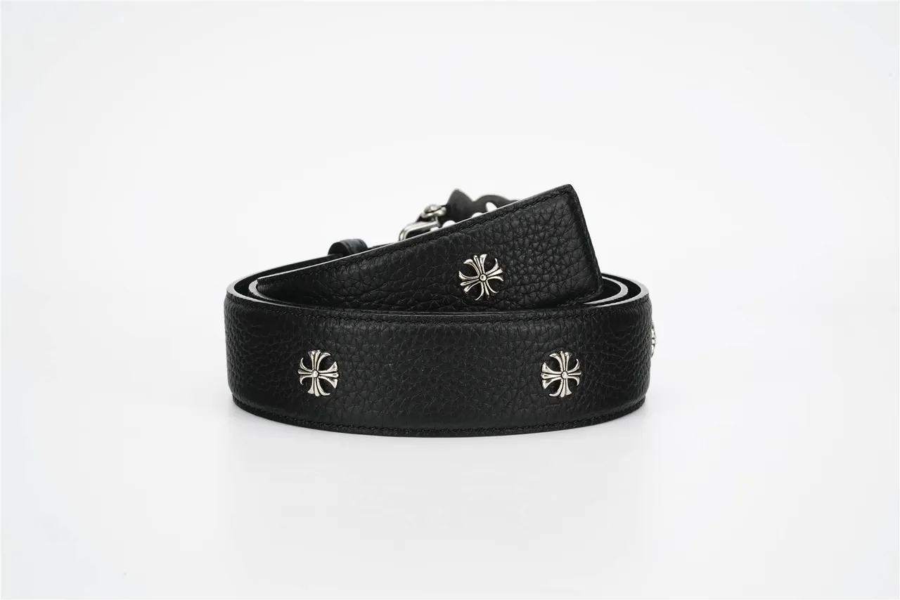 Chrome Hearts حزام جلد أسود فضي مع مشبك معدني مزخرف رأس أسد مركز 3