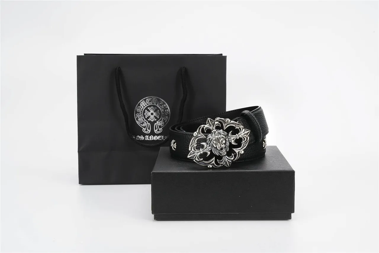 Chrome Hearts حزام جلد أسود فضي مع مشبك معدني مزخرف رأس أسد مركز 4