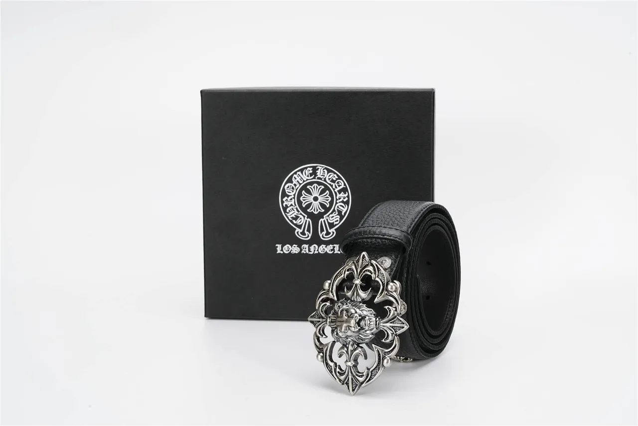 Chrome Hearts حزام جلد أسود فضي مع مشبك معدني مزخرف رأس أسد مركز 5