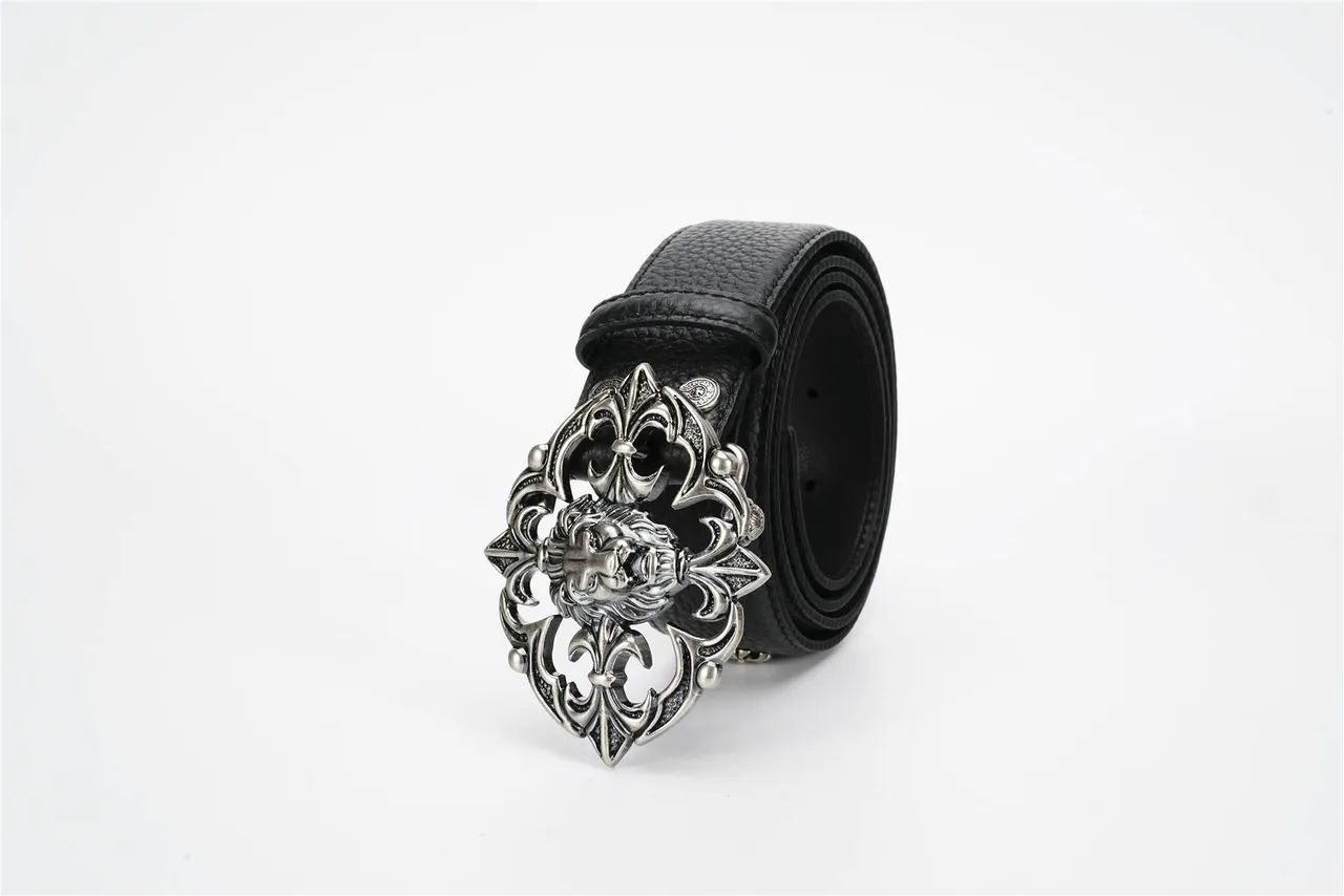 Chrome Hearts حزام جلد أسود فضي مع مشبك معدني مزخرف رأس أسد مركز 6