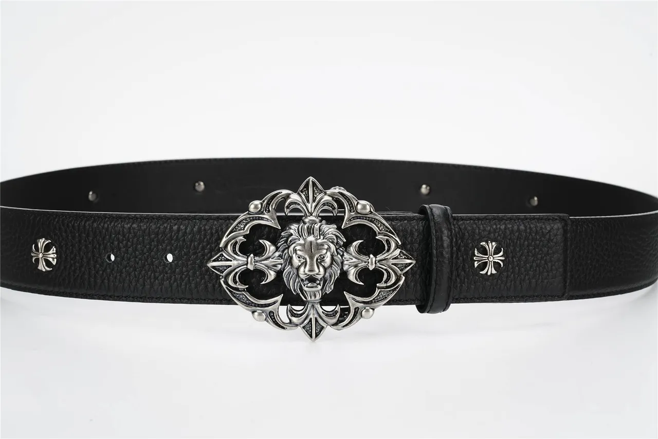 Chrome Hearts حزام جلد أسود فضي مع مشبك معدني مزخرف رأس أسد مركز 8