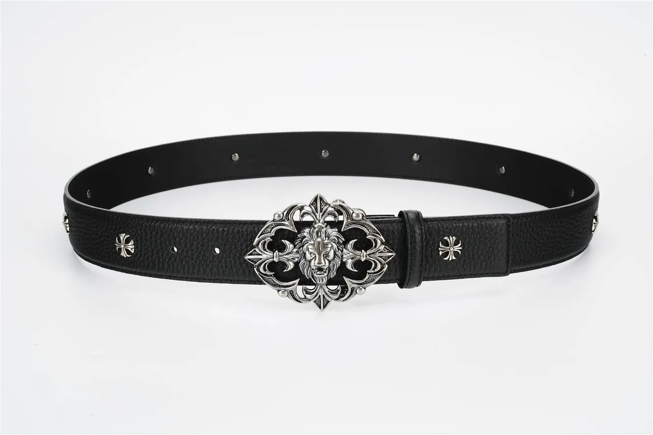 Chrome Hearts حزام جلد أسود فضي مع مشبك معدني مزخرف رأس أسد مركز 9