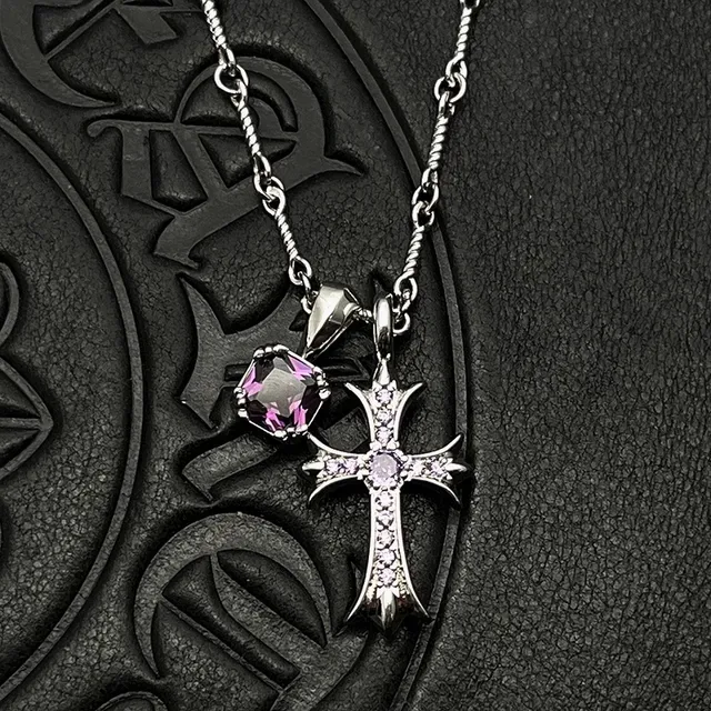Chrome Hearts Colar Cruz Pingente Prata Roxo Gótico Pavé Cristal Embellishment 3