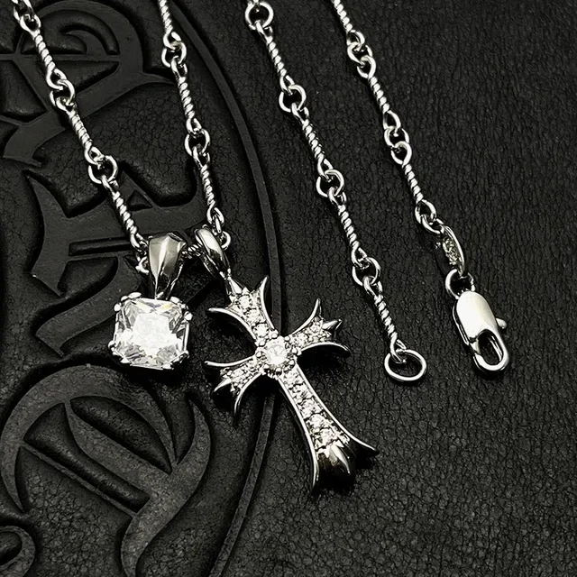 Chrome Hearts Colar Cruz Pingente Prata Roxo Gótico Pavé Cristal Embellishment 6