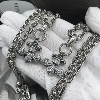 Chrome Hearts Fleur-de-Lis Pave Baguette Silver White Oxidized Crystals Necklace