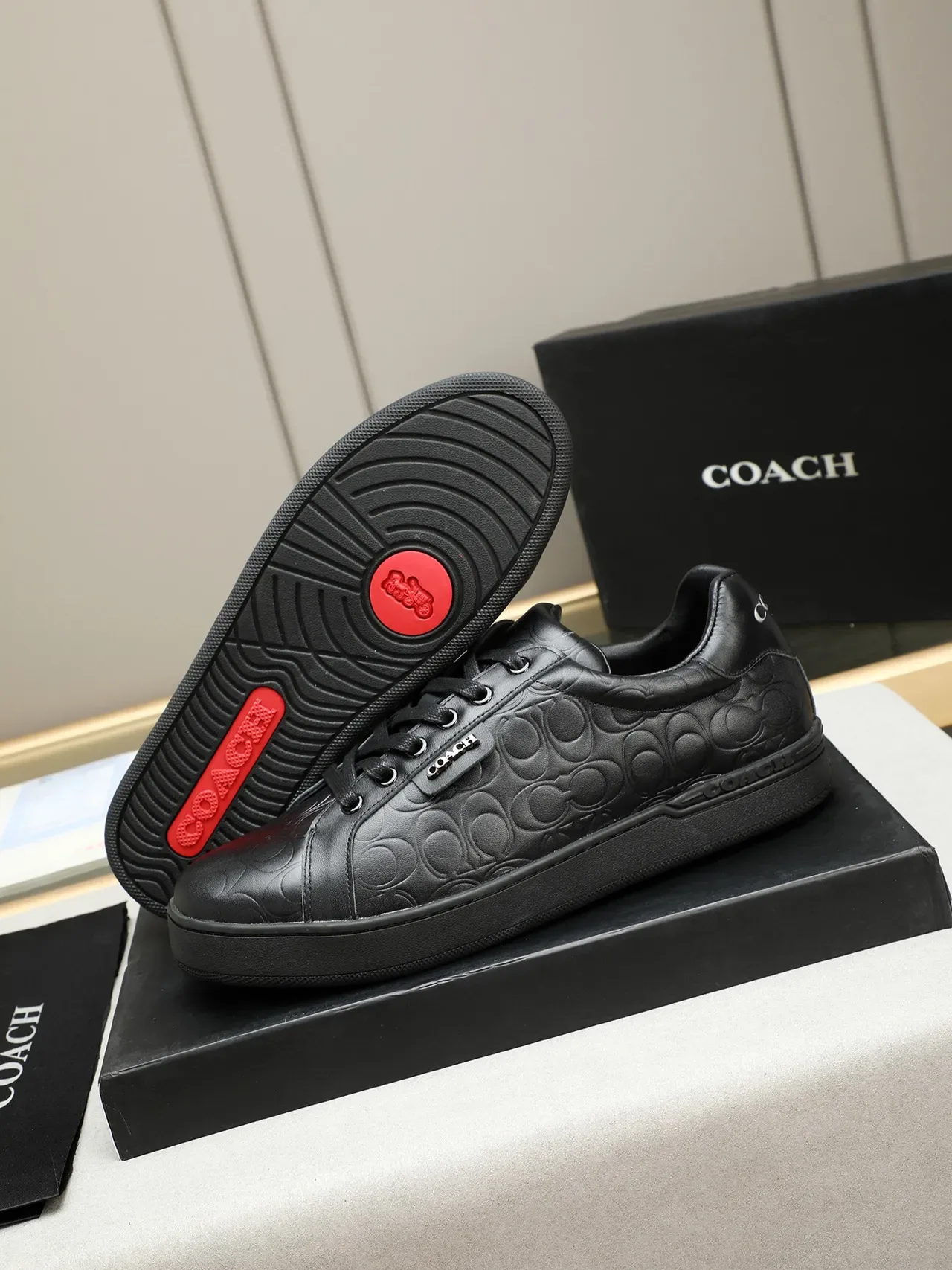 Coach Lifestyle Sneaker Negro grabado C-Logo cuero superior suela de plataforma plana zapatillas lifestyle 4