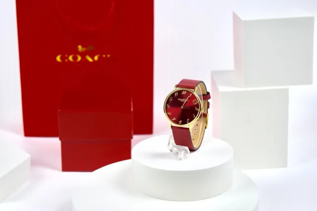 Coach Red Gold গোলকাকার কেস চামড়ার স্ট্র্যাপ কোয়ার্টজ ওয়াচ 2