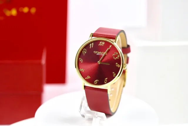 Coach Red Gold গোলকাকার কেস চামড়ার স্ট্র্যাপ কোয়ার্টজ ওয়াচ 3