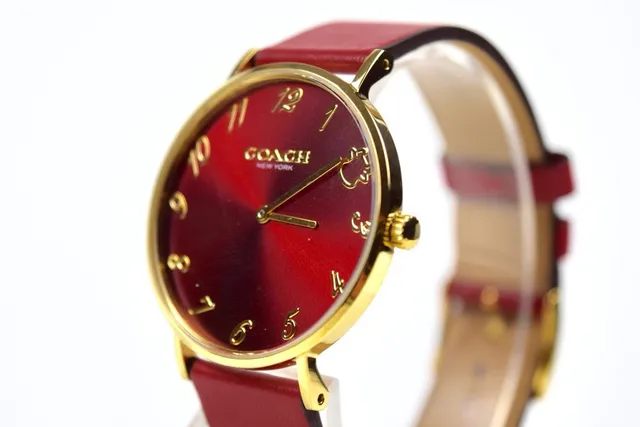 Coach Red Gold গোলকাকার কেস চামড়ার স্ট্র্যাপ কোয়ার্টজ ওয়াচ 8