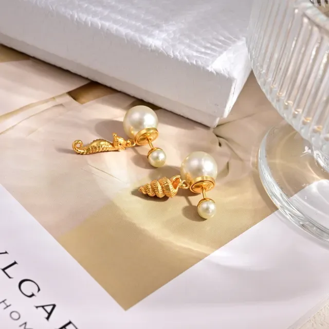 Dior Asymmetrical Pearl and Gold Seahorse Shell Earrings 4