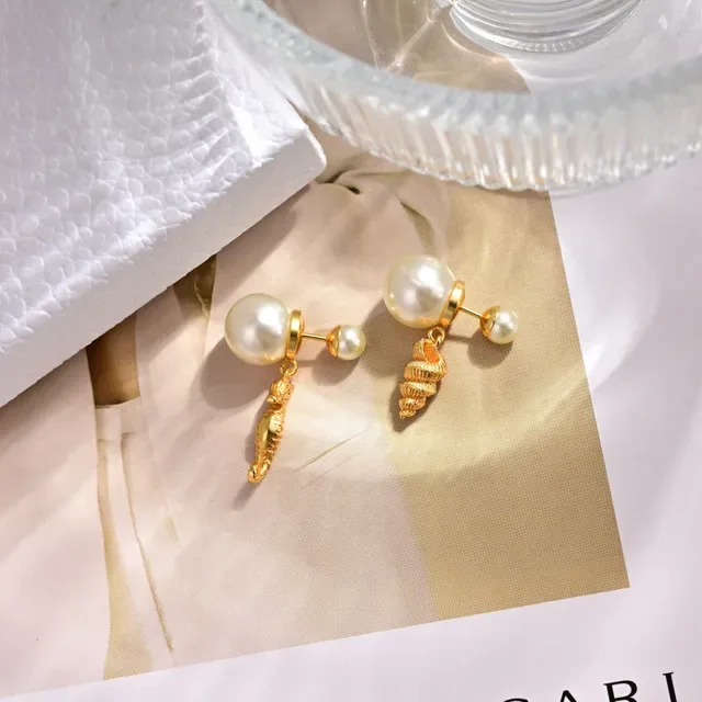 Dior Asymmetrical Pearl and Gold Seahorse Shell Earrings 5