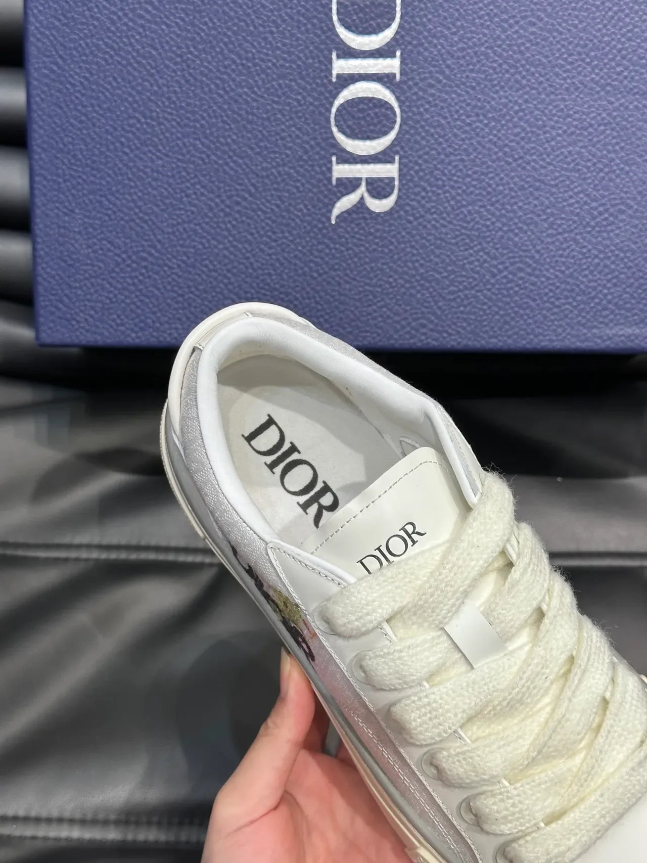 Dior B23 White and Silver Metallic Logo Lifestyle Sneakers 3