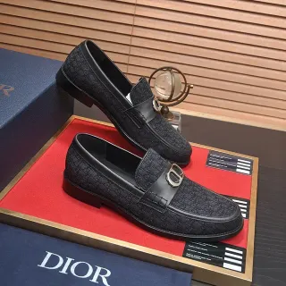 Dior काला चांदी Oblique Jacquard लेदर पट्टी लोफर