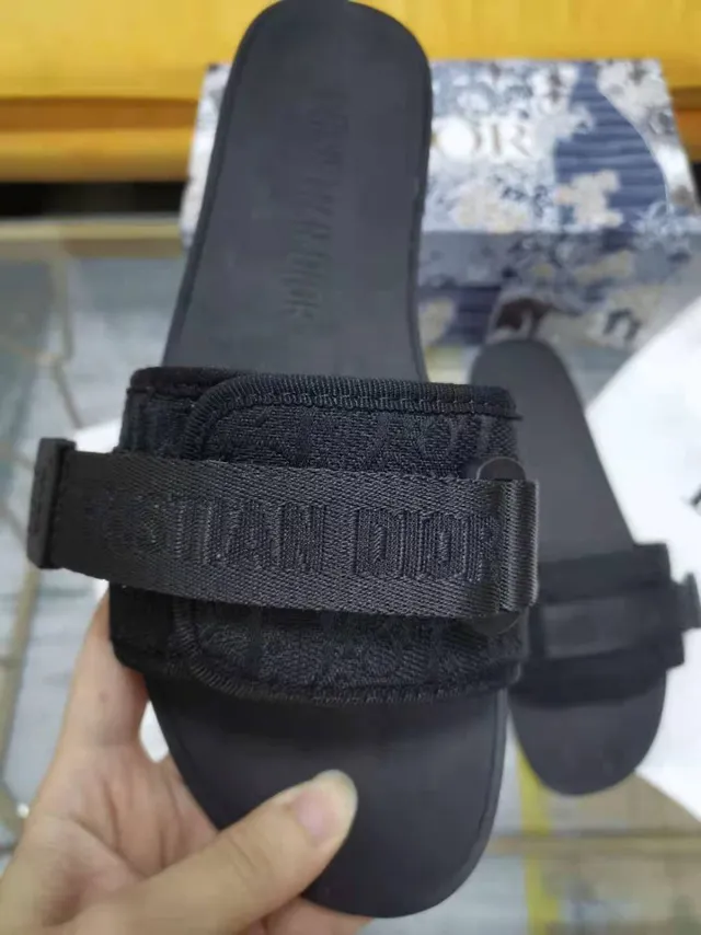 Dior Black Wide Double Strap Embossed Branding Slippers 2