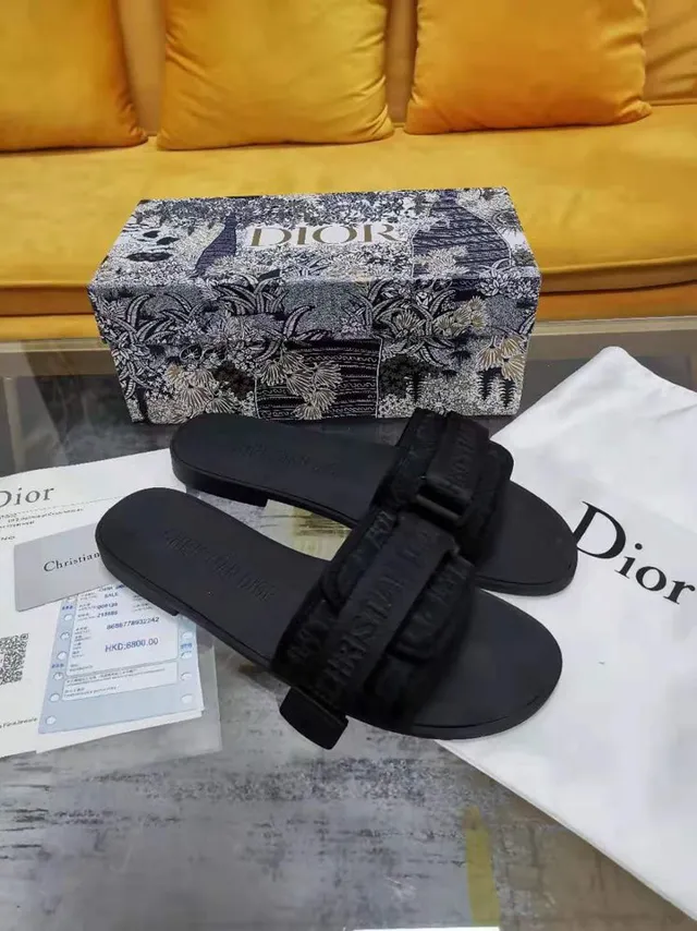 Dior Black Wide Double Strap Embossed Branding Slippers 4