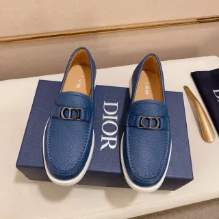 Dior नीली-सफेद कुरकुरी चमड़ा CD Buckle Hardware Loafer